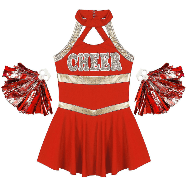 Børn Piger Ærmeløse Bogstaver Trykt Dansekjole med kvast Blomsterkugler Sæt til Cheerleading Kostume Cheerleader Uniformer 12 Red