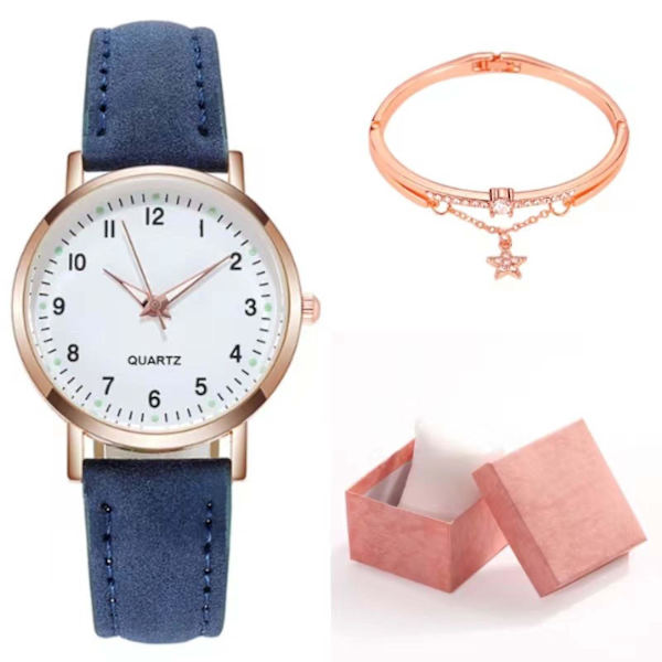 Klassisk Quartz-klokke for kvinner med lysende urskive, frostet lærreim, retro liten rund dameklokke med armbånd og eske Blue