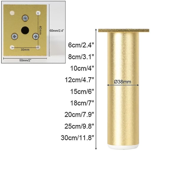 4 kaffebordsben Sofaben Guld, Bordfødder Justerbar Højde, Rørben Runde, Højde: 6-30 cm Base Aluminiumslegering | Anodiseret overflade 6cm