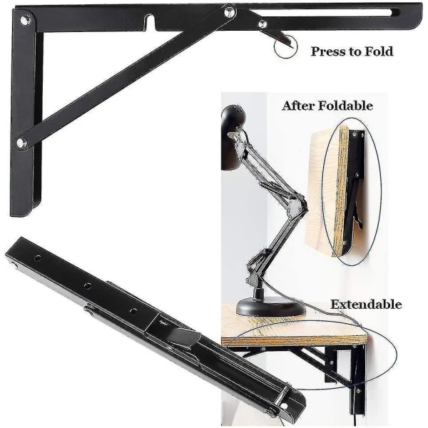 2023,2 stk Sammenleggbare hyllebraketter 8 tommer svart kraftig metall triangel bordbenk Sammenleggbar hyllebrakett, hyllestøttebrakett Hengsel Veggfeste