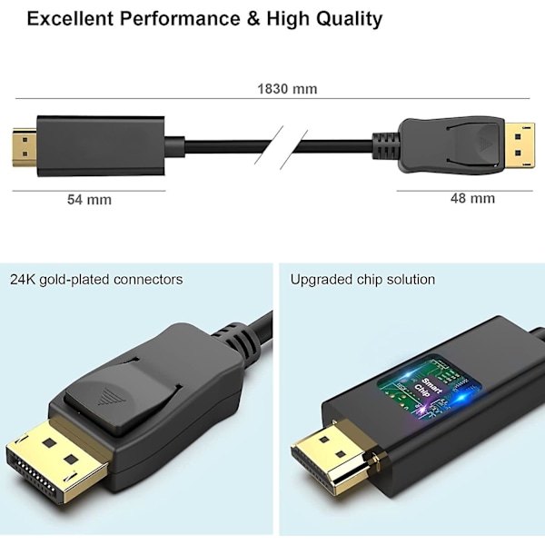 DisplayPort till HDMI 1,8 meter Guldpläterad Kabel, Avacon Display Port till HDMI Adapter Hane till Hane Svart (4K*2K), 2-pack