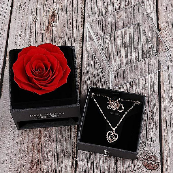 Præserveret Ægte Rose med Hjerte Halskæde Gaveæske, Håndlavet Evig Ægte Rose til Valentinsdag Bryllupsdag Fødselsdagsgaver til Hende Kvinder Red