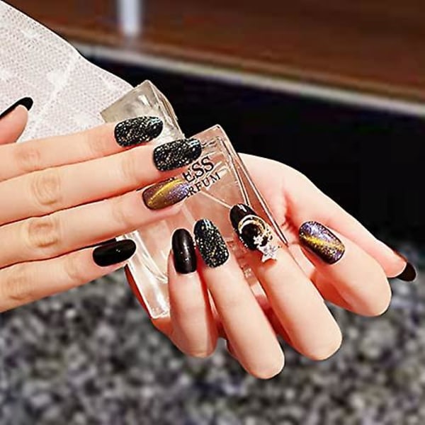 Press On Nails Medellånga kista falska naglar - blank svart akryl lösnaglar för kvinnor