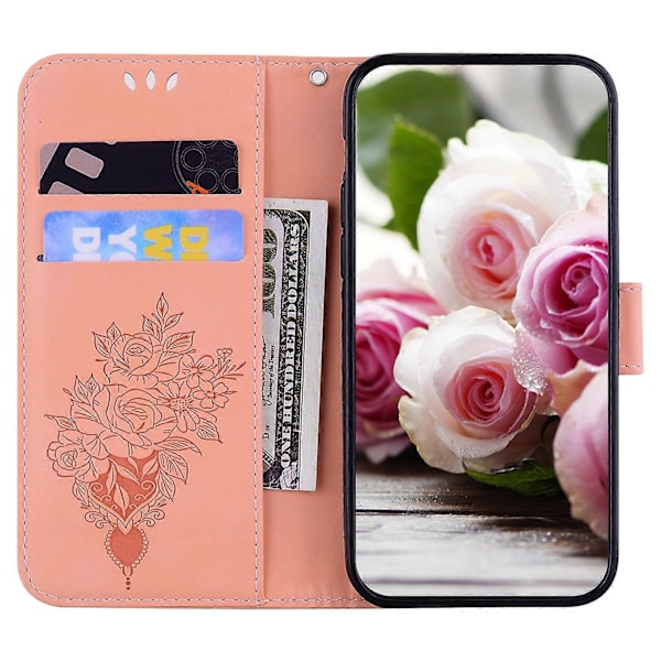 Til Motorola Moto E7 Sommerfugl Rose Præget Læder Telefon Cover Pink
