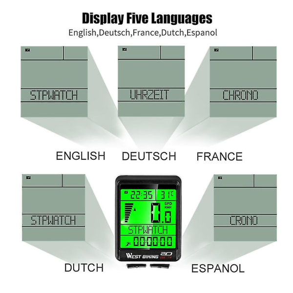 Cykeldator Cykelvägmätare Trådlös Vattentät Stor LCD-skärm 5 Språk Opti