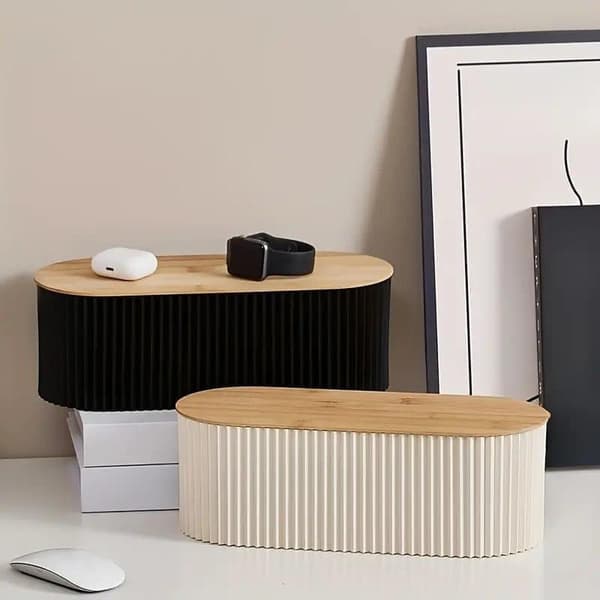 Wooden Cable Box with Lid - Practical Cable and Desk Organizer for Office and Home, White