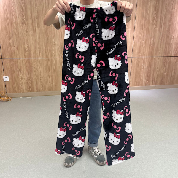 Cartoon HelloKitty Flanellpyjamas för kvinnor, vadderade och tjockare varma pyjamas för flickor Svart Black XL