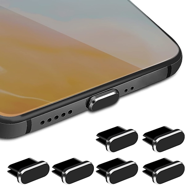 Type C støvprop sæt, 6 stk. aluminiumslegering USB C støvdæksel ladeportbeskytter, egnet til smartphone notebook computer (sort)
