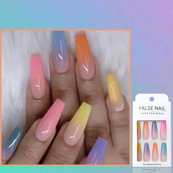 48 stk Press On Nails Kiste - Lange falske negle Rainbow Gradient Color Blank Akryl Ballerina Falske Negle