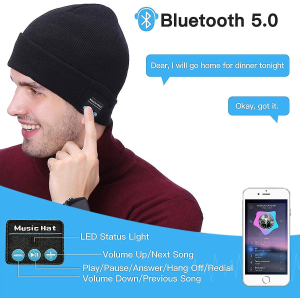 Opgraderet Bluetooth Beanies Music Hat Winter Strik Cap Trådløse hovedtelefoner Musical