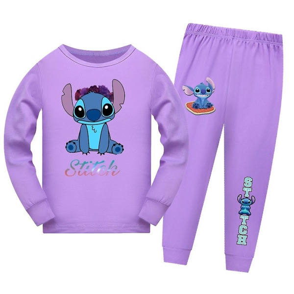 7-14 år Lilo & Stitch Pyjamassæt til børn Langærmede T-shirt Bukser Outfit Loungewear Nattøj Gaver Purple 7-8 Years