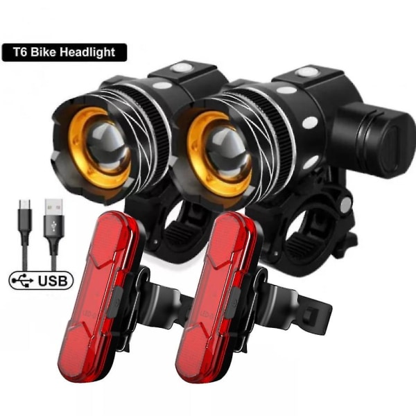 Cykellygter Cykellys Styrlys Usb Genopladelig Lampe Zoom Cykellygte 2T6 Headlight Set
