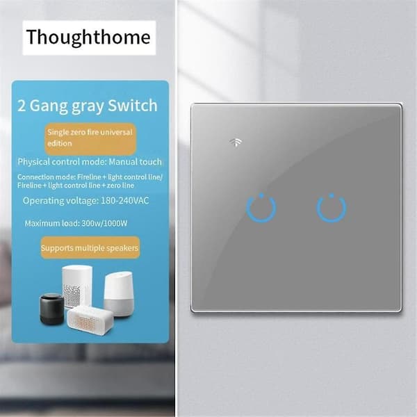 Tuya Wifi Smart Bryter Berøringslysbryter Enkel Null Strømførende Ledning Universal 2 Brytere Grå