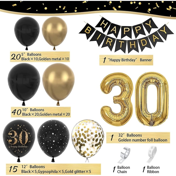 30-vuotissyntymäpäivän koristeet, 30-vuotiaan miehen ja naisen syntymäpäiväkoristeet, Happy Birthday -kyltti, ilmapallo, musta-kultakoriste