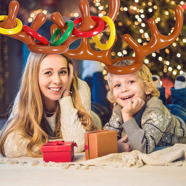 2 Sett Oppblåsbar Reinsdyr Gevir Spill, (2 Oppblåsbare Gevir, 8 Ringer Reinsdyr Ringkast) Oppblåsbar Reinsdyr Gevir Hatt Med Ringer, Familie Jul P