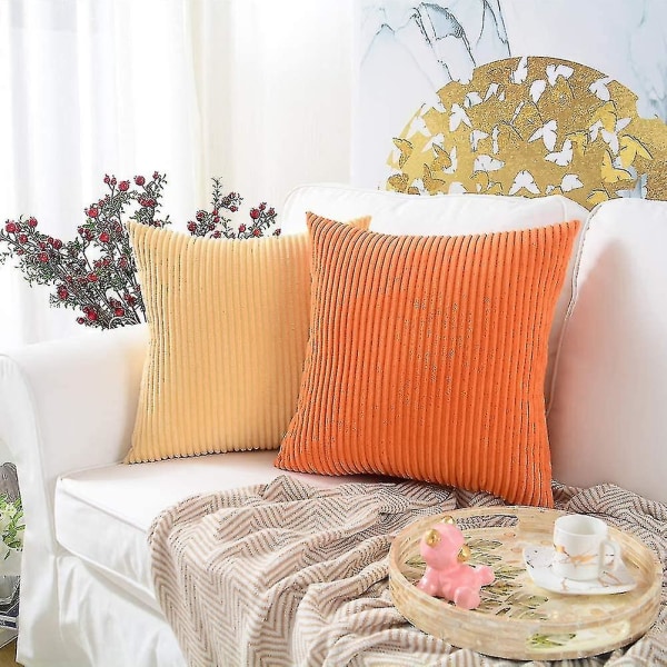 Vaaleankeltainen raidallinen tyyny ja cover 2 set , pehmeä vakosametti koristeellinen neliömäinen cover tyynynpäällinen case, kodin koristeet Fo