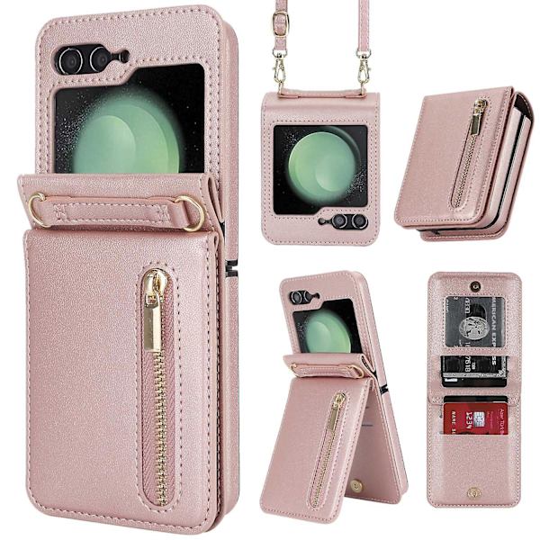 Z Flip 5 Wallet Etui, Crossbody Lynlås Læder Stand Etui Til Samsung Galaxy Z Flip 5 Med Kortholder Rose Gold