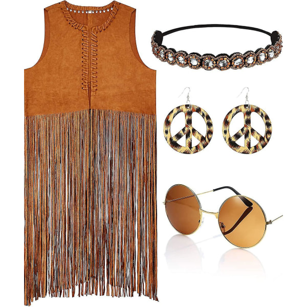 4-delers kvinner hippie kostyme sett frynser vest Faux Seude dusker Vest X-Large