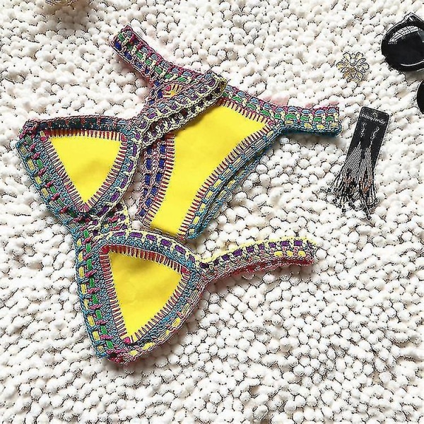 Hæklet badetøj til strikket badetøj til kvinder Neopren bikini strandtøj Boho stil badedragt i to dele badedragter S Yellow