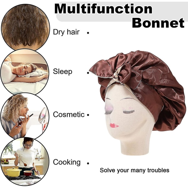 Satin Bonnet Silke Sleep Cap Hår Bonnets til sorte kvinder Stretchy Tie Band Hår Brown and Champagne