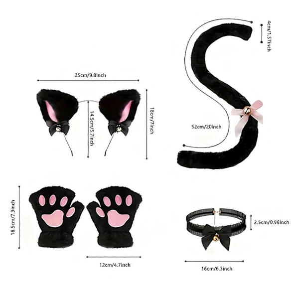 4 stk./sæt Kattekostume Cosplay Tilbehør Sæt Plys Materiale Katteøre Hårbøjle Klokke Halskæde Kløer Handsker Hale Sæt White One Size