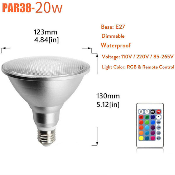Himmennettävä Rgb Par38 Par-lamppu E27 20w Led-valonheitin Tulvavalopolttimo Kaukosäädin Monivärinen Kodin sisustus 110v 220v