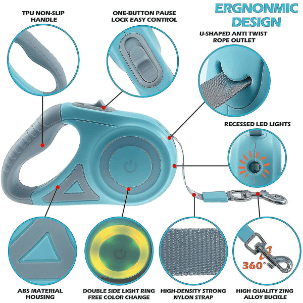Koiran talutushihna sisäänvedettävät koiran talutushihnat LED kirkkaalla taskulampulla kävelyhihnat pennuille pienille keskikokoisille koirille talutushihna yksikätinen jarruvapaa liike yksi mutta 6-Green(16FT)