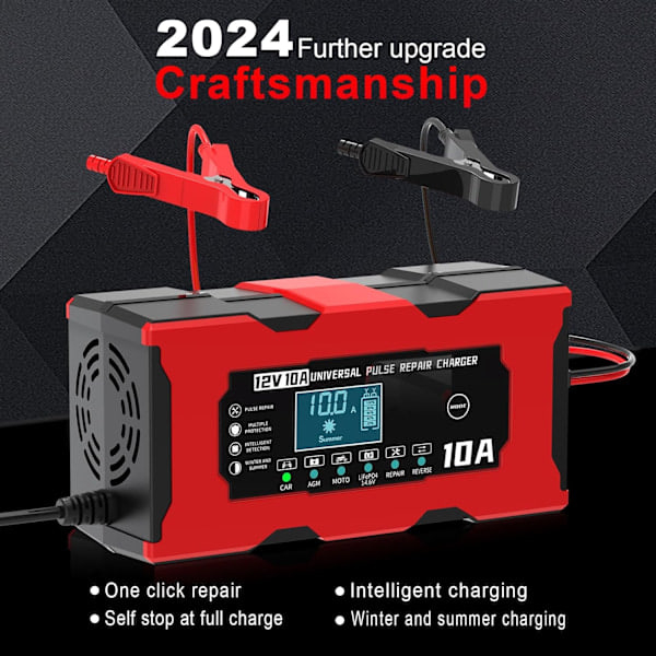 10A 12V LiFePO4 Batteriladdare, Smart Batteriladdare med Automatisk Reparationsfunktion och LCD-Skärm, Bilbatteriladdare