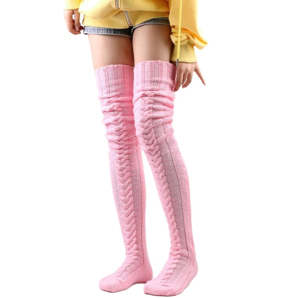 Kvinners vinterkabelstrikket lårhøye støvelsokker Ekstra lange strømper over knebeinvarmere Pink 85cm