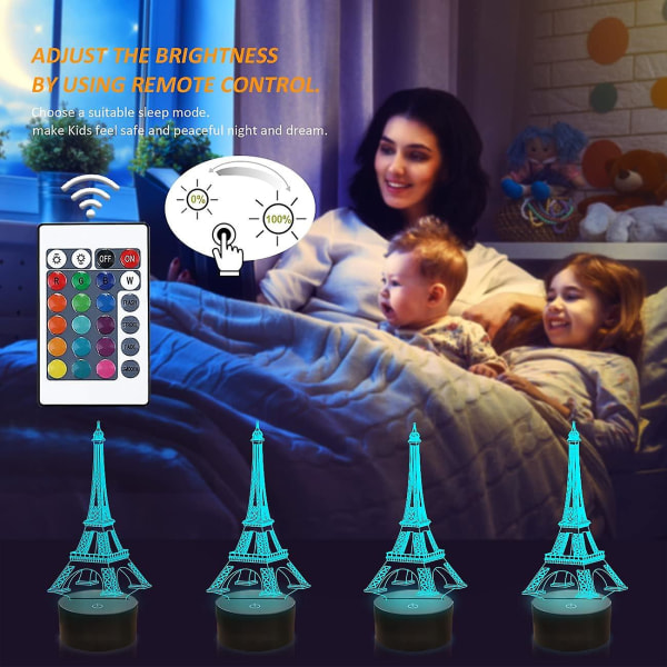 Eiffeltårnet Natlys 3d Illusionslampe Visuel soveværelsesdekoration Led-lampe med fjernbetjening 16 skiftende farver Paris Fashion Style Akrylgaver