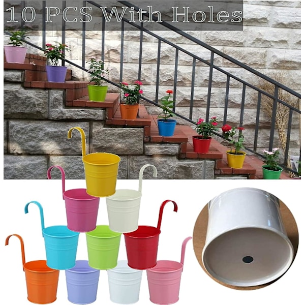 Sett med 10 metall blomsterpotter for oppheng med dreneringshull, avtakbar krok, assorterte farger 10x10x7cm Flerfarget