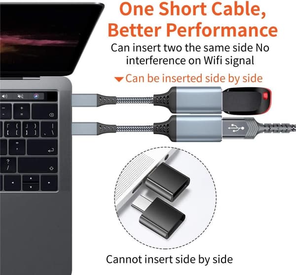 USB C - USB-sovitin, 2 kpl USB C uros - USB 3.0 naaras -sovitin, Thunderbolt 3 - USB naaras -sovitin MacBookille, harmaa 0,2 m