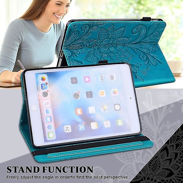 Läderfodral med flik för Samsung Galaxy Tab S2 9.7 T810/t815, horisontellt, med mönster av spetsblommor, stativ, kortfack, plånbok och fotoram Blue