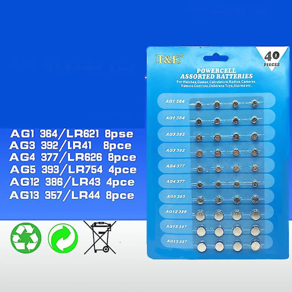 Nytt 40 X Assorted Button Cell Watch Battery Ag 1 / 3 / 4 / 5 / 12 / 13