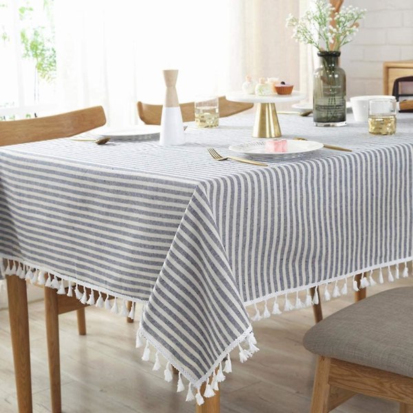 Stripe Tassel Tablecloth Cotton Linen Stain Resistant/Dust-Proof Waterproof Table Cover for Kitchen Dinning Tabletop Decoration (Rectangle/Oblong,55 x