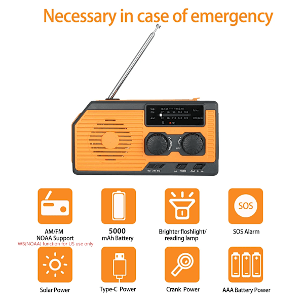 10000mAh Hätätilanteen Aurinkovoimaradio USB-latauksella, Käsikammen Radiolla, FM AM WB NOAA Sääradiolla ja LED-taskulampulla sekä Varavirtalähteellä