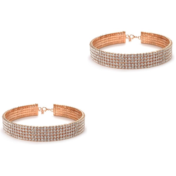 2stk krystall diamantkjede for kvinner Rose gull Rhinestone choker krage kjede østerriksk brudebankett Flerlags diamant halskjede (gyllen)