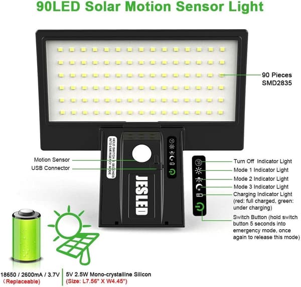 90 LED Solar Udendørs Lamper - Bevægelsessensor