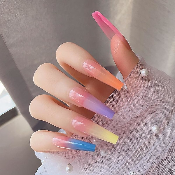24 st Press On Nails, Long Fake Nails Regnbåge Gradient Färg Blank Akryl Ballerina lösnaglar för kvinnor och tjejer (regnbåge)