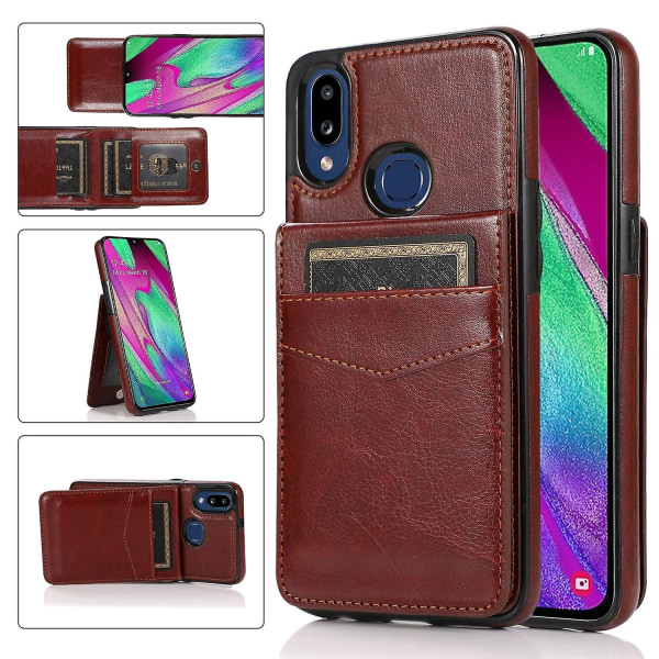 For Samsung Galaxy A40 Leather Coated TPU Case Phone Cover with Kickstand Card Slots-Brown