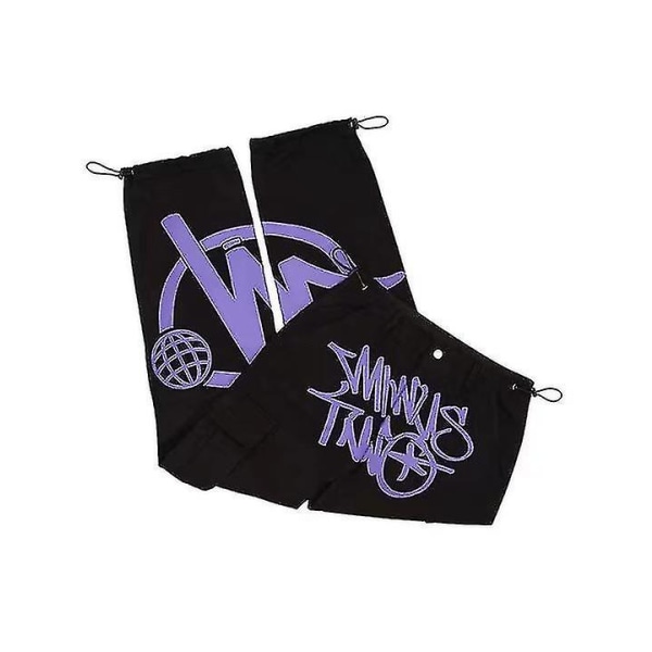 Minus Two Cargo Y2k Casual Pants Baggy Streetwear Sport Gym Farkut Miesten kangas black purple M
