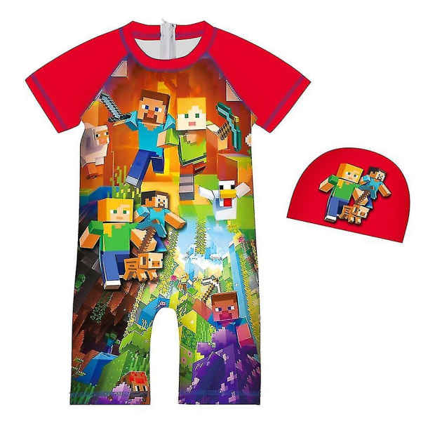 Minecraft Print Børne Drenge Badetøj Badedragt Surfing Suit Badehættesæt i et stykke Red 8-9Years