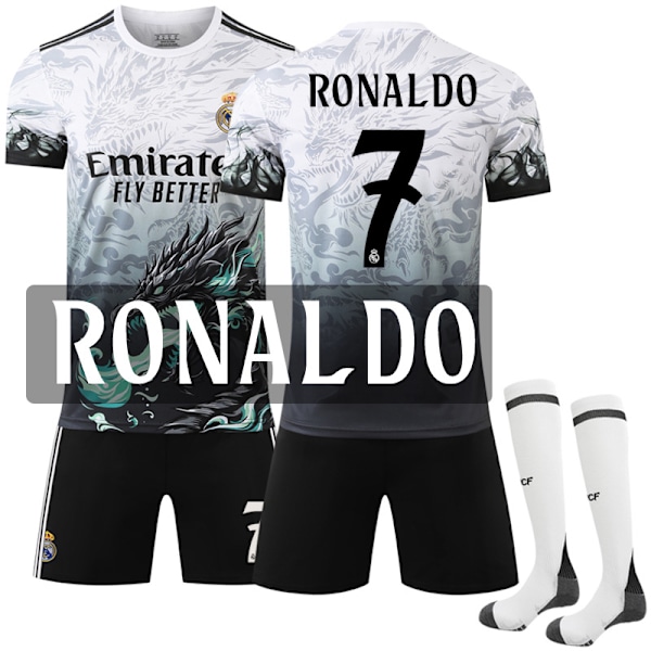 24-25 Real Madrid Qinglong Special Edition Dragon Hvit Fotballdrakt Nr.7 C Ronaldo drakt med sokker for barn og voksne 20