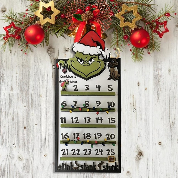 2023 Jul Trä Grinch Adventskalender 24 Dagar Nedräkning Antal Datum Xmas Ornament Hem Väggdekoration Present