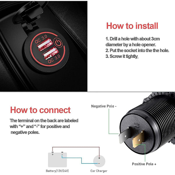 Qc 3.0 Dobbel USB Laderkontakt, vanntett 12V/24V USB Uttak Med Berøringsbryter For Bil, Båt, RV, Mo
