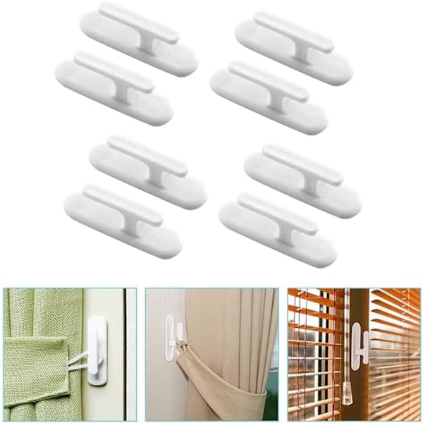 Set of 8 Wall Mounted Self-Adhesive Curtain Hooks with Pull Rope