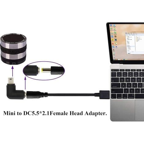 (Pakke med 2 miniadaptere) 90° vinklet mini USB strømadapter, mini USB hann til DC-grensesnitt 5,5 x 2,1 mm