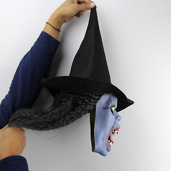 Halloween Läskig Häxa Cosplay Mask Med Svart Långt Hår & Hatt, Skräck Gammal Kvinna Ond Mask Kostym Läskiga Gröna Ögon Häxa Hel Ansikte Latex Mask Party Pro
