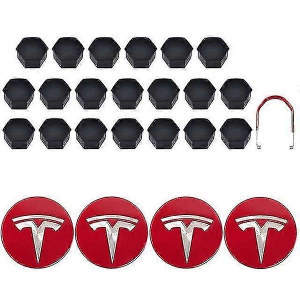 Tesla 3 Y S X Hjulkapselsett Senterkopp Nav Mutterdeksel Rød Grå Med 4 Senterkopper 20 Mutterdeksler Red Silver Matte