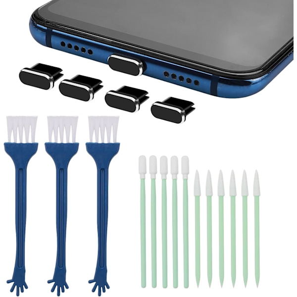 Matkapuhelimen puhdistussarja, 17-osainen sarja, USB-C matkapuhelimen portin puhdistusharjasarja, metallinen pölysuoja matkapuhelimen kaiuttimen puhdistusharja (musta)